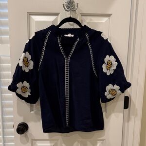THML Navy Puff-Sleeve Blouse with White & Gold Floral Embroidery